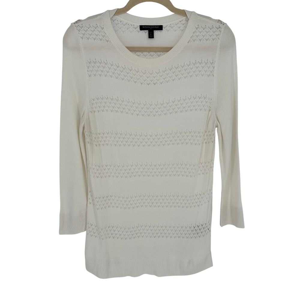 Banana Republic Sweater Womens‎ PL White Pointelle Open Knit Crewneck Petite L